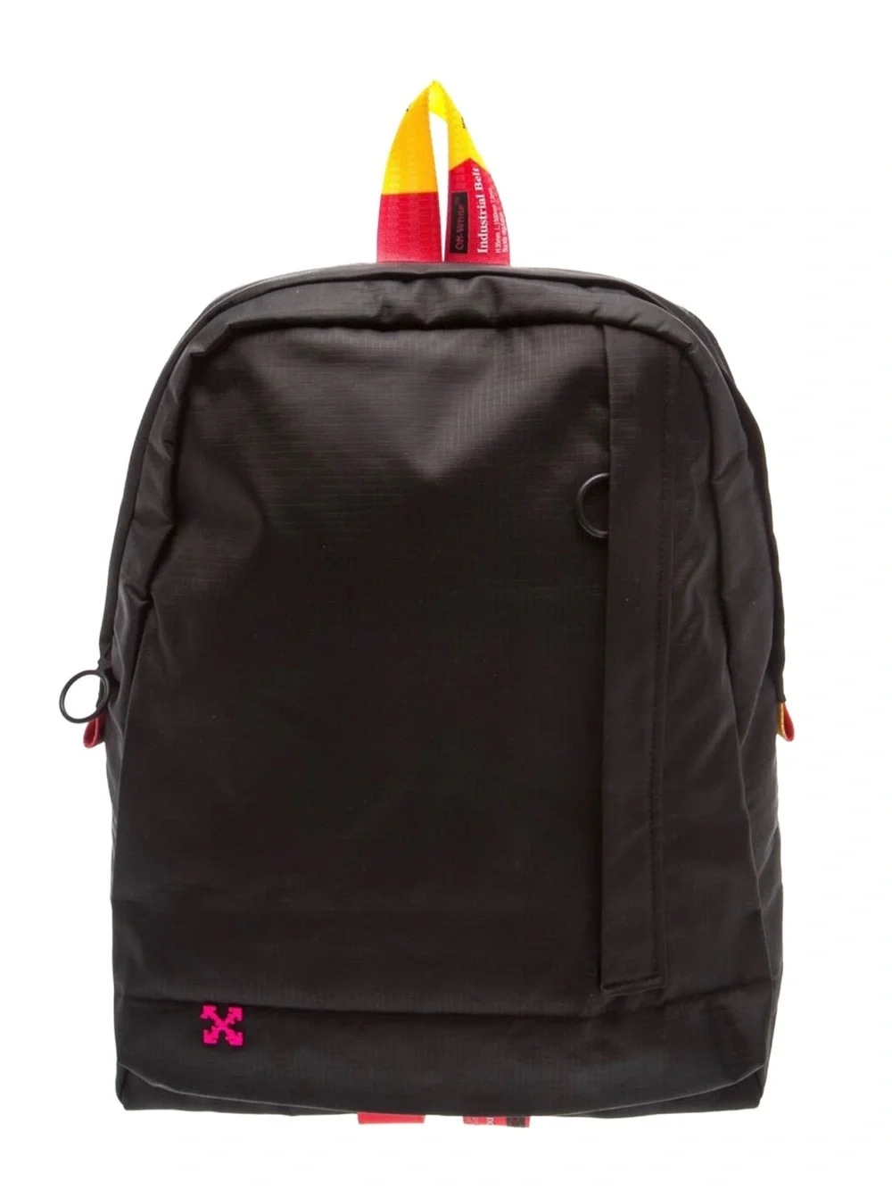 Off-White Black Backpack with Yellow and Red Strap Accents